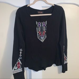 Shyanne Beautifully Embroidered Black 100% Cotton Raw Hem Thermal Shirt